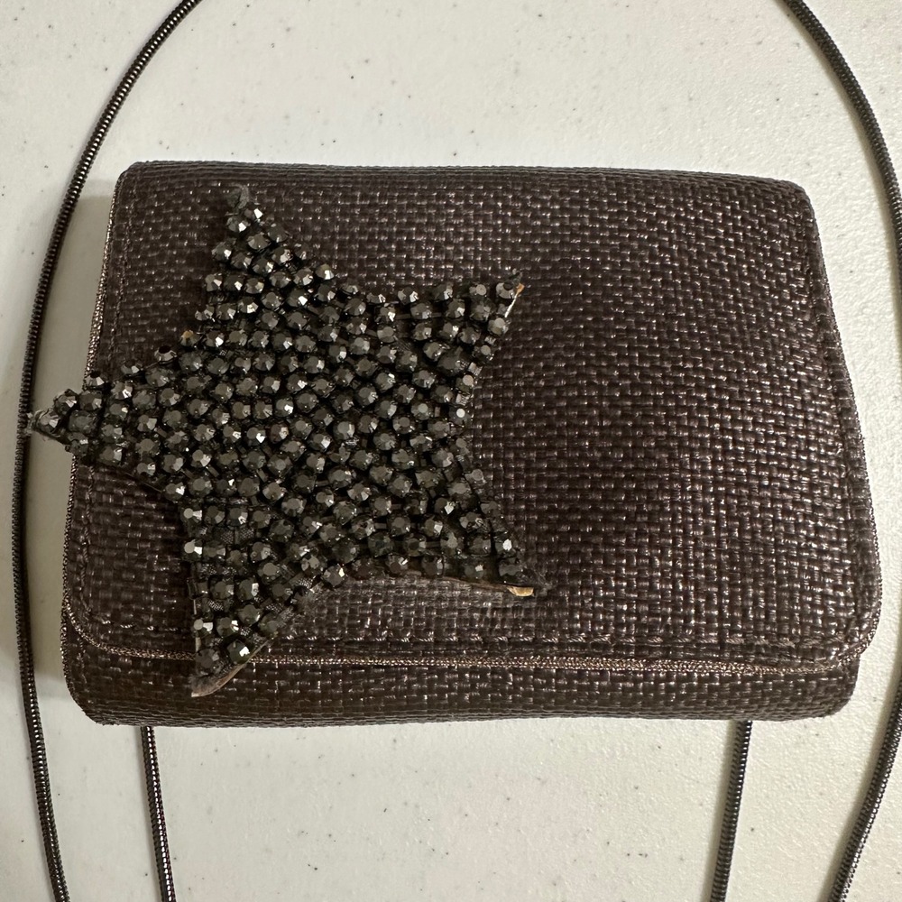Felix Rey Clutch Rhinestone Star Straw Leopard Print Convertible Evening Bag Y2K